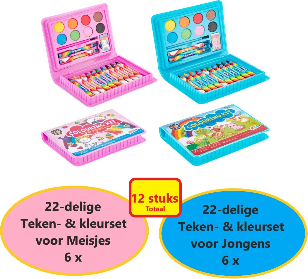 Grafix Traktatie Uitdeelcadeautjes voor Kinderen | 12x Teken- en Kleursetjes  | Voor Jongens & Meisjes | 22-delige Kleuren- en tekensetjes | Uitdeelcadeautjes voor traktatie | Weggeef Cadeautjes | Kinderfeestje